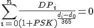 tex:{\displaystyle \sum _{i=0}^{n}{\frac {DP_{i}}{(1+PSK)^{d_{i}-d_{0} \over 365}}}=0}